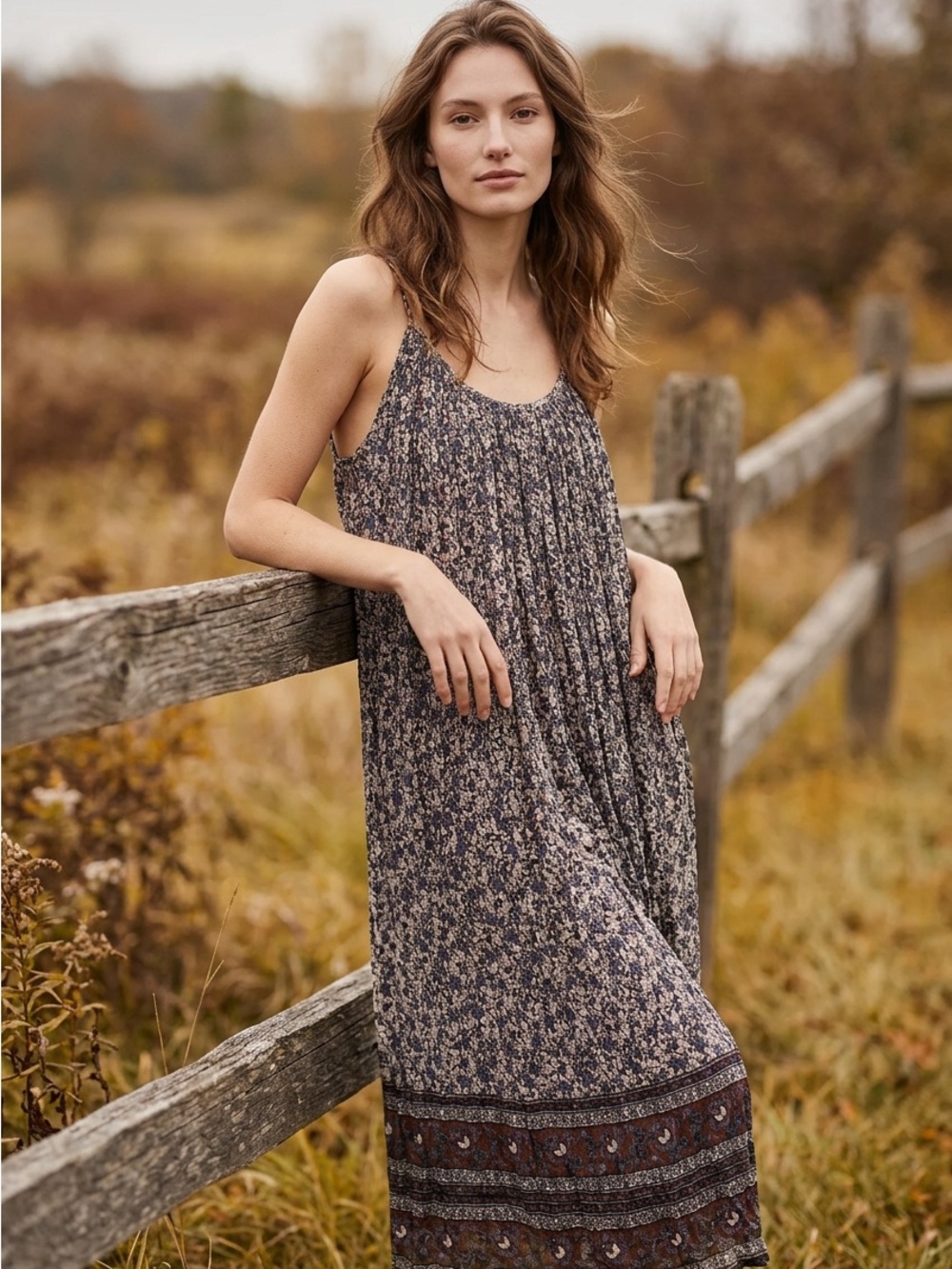 Vintage Neutral Floral Maxi Dress in Brown and Blue